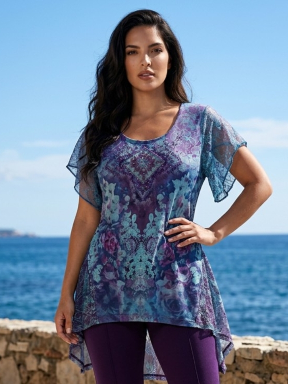One World Blue/Purple Patterned Floral Top W/Lace Sleeves, Handkerchief Hem XL